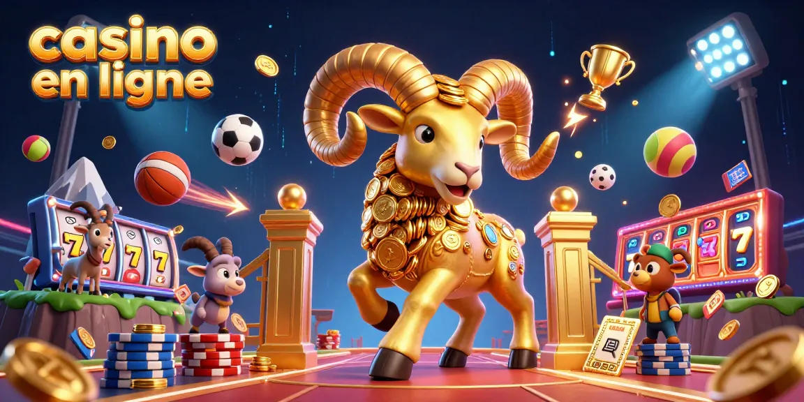 Illustration dynamique de casino en ligne avec un bélier doré et des éléments de jeu captivants.