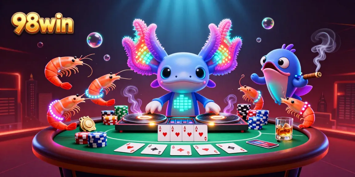 Engage in exciting action at 98win with vibrant casino scenes featuring poker tables and lively sea creatures.