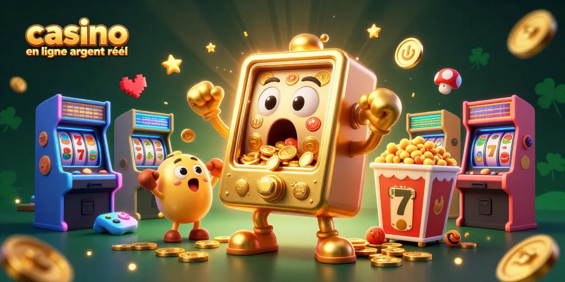 Machine à sous dorée animée gagnant un jackpot avec des jeux d'arcade colorés, casino en ligne argent réel
