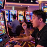 Exciting moment at slot 777 gaming machine with lively casino atmosphere.