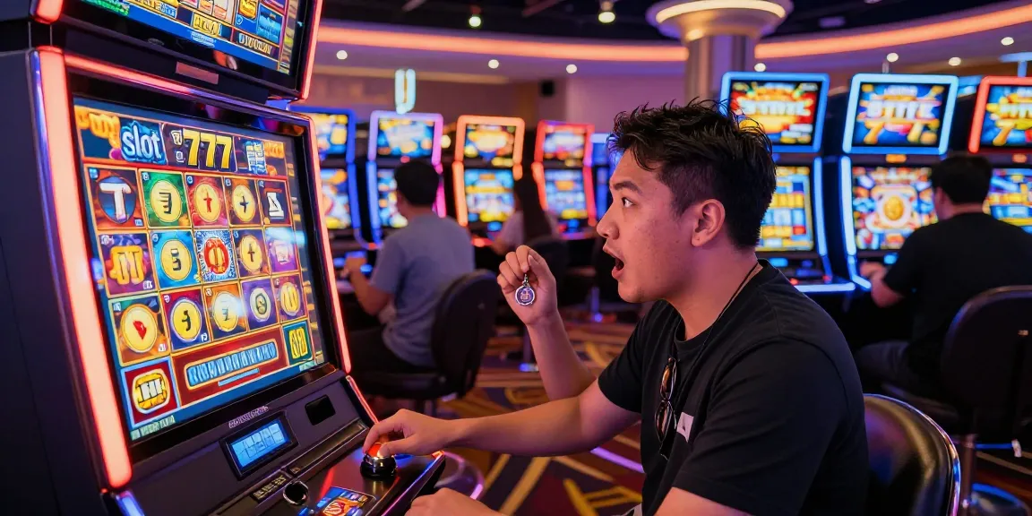 Exciting moment at slot 777 gaming machine with lively casino atmosphere.