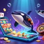Casino en ligne : orque en moto, raie et loutres autour de jeux de casino dorés.