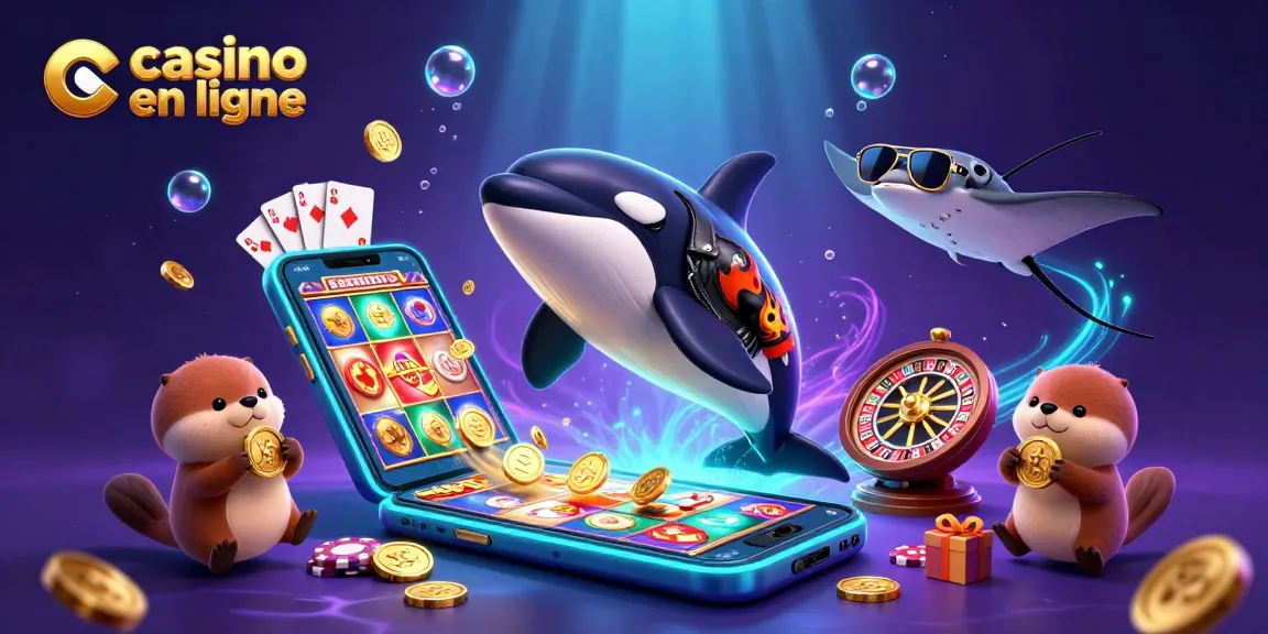 Casino en ligne : orque en moto, raie et loutres autour de jeux de casino dorés.