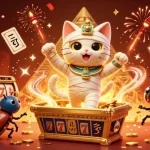 Spin the reels at JW88 with a vibrant scene capturing a mummy cat's magical casino adventure.