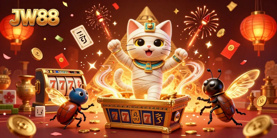 Spin the reels at JW88 with a vibrant scene capturing a mummy cat's magical casino adventure.