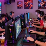 Friends playing games at 7meter esports lounge with vibrant lighting