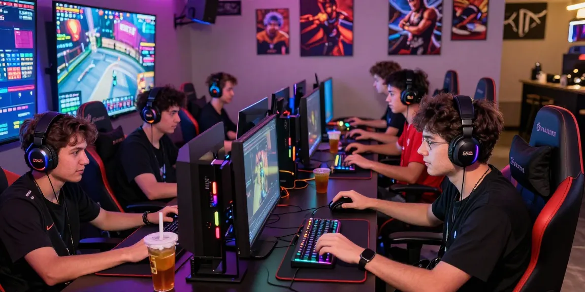 Friends playing games at 7meter esports lounge with vibrant lighting