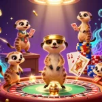 Jouez sur les machines à sous Smash Casino avec une illustration dynamique de suricates dans un casino.