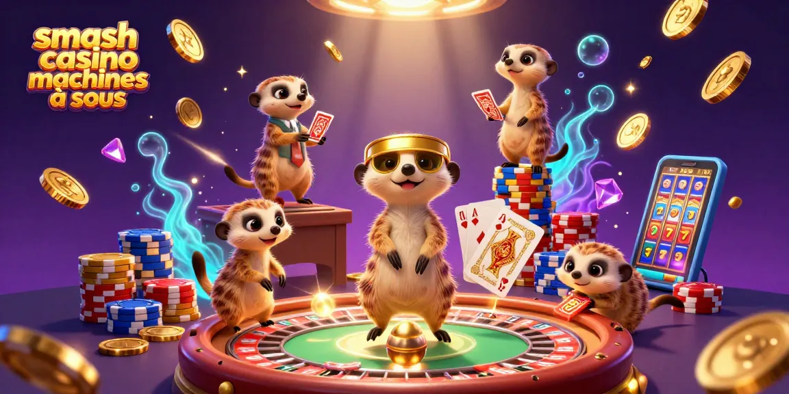 Jouez sur les machines à sous Smash Casino avec une illustration dynamique de suricates dans un casino.