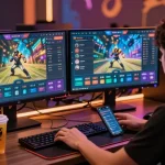 Online betting atmosphere with newbet4d gamer engaging on dual screens in vibrant setup