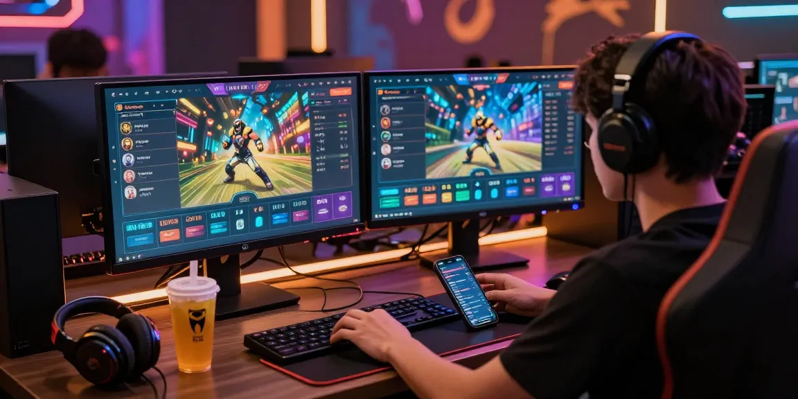 Online betting atmosphere with newbet4d gamer engaging on dual screens in vibrant setup