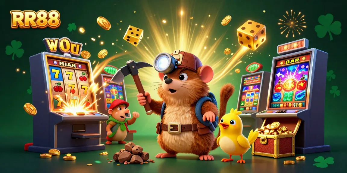 Experience the thrill of RR88 with a treasure hunter diving into a vibrant casino scene.