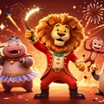 Vivre l'excitation du casino en ligne avec le lion maître de cérémonie et ses amis, entourés de jeux et de célébrations.