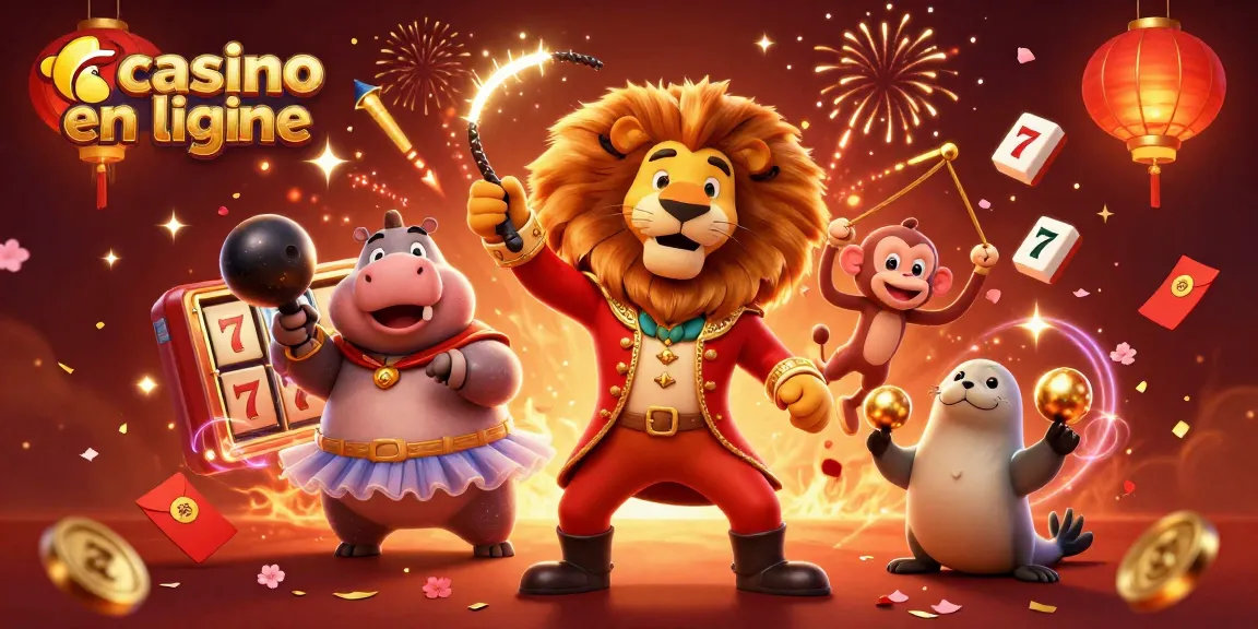 Vivre l'excitation du casino en ligne avec le lion maître de cérémonie et ses amis, entourés de jeux et de célébrations.