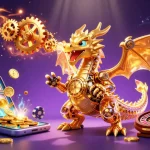 Winning slots action with f168; golden dragon and tiny engineer amidst vibrant casino elements