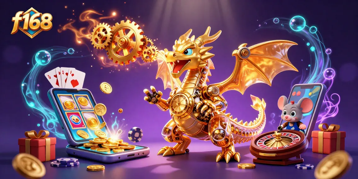 Winning slots action with f168; golden dragon and tiny engineer amidst vibrant casino elements