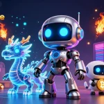 Jouer au casino en ligne avec un robot futuriste et des machines à sous colorées animées.
