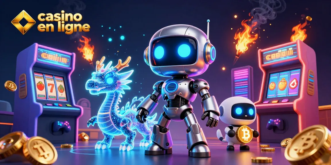 Jouer au casino en ligne avec un robot futuriste et des machines à sous colorées animées.