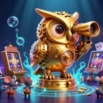 Animation d'une expérience de jeu sur casino crypto retrait instantané avec des créatures et éléments colorés.