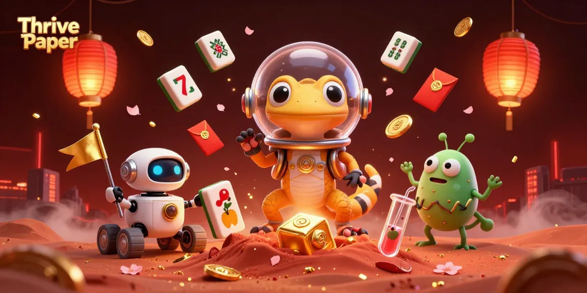 Thrive Paper highlights a Martian gecko celebrating wins with casino treasures in a vibrant illustration.