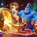 Jouez au casino en ligne avec une illustration 3D captivante d'un génie et d'un tapis magique.
