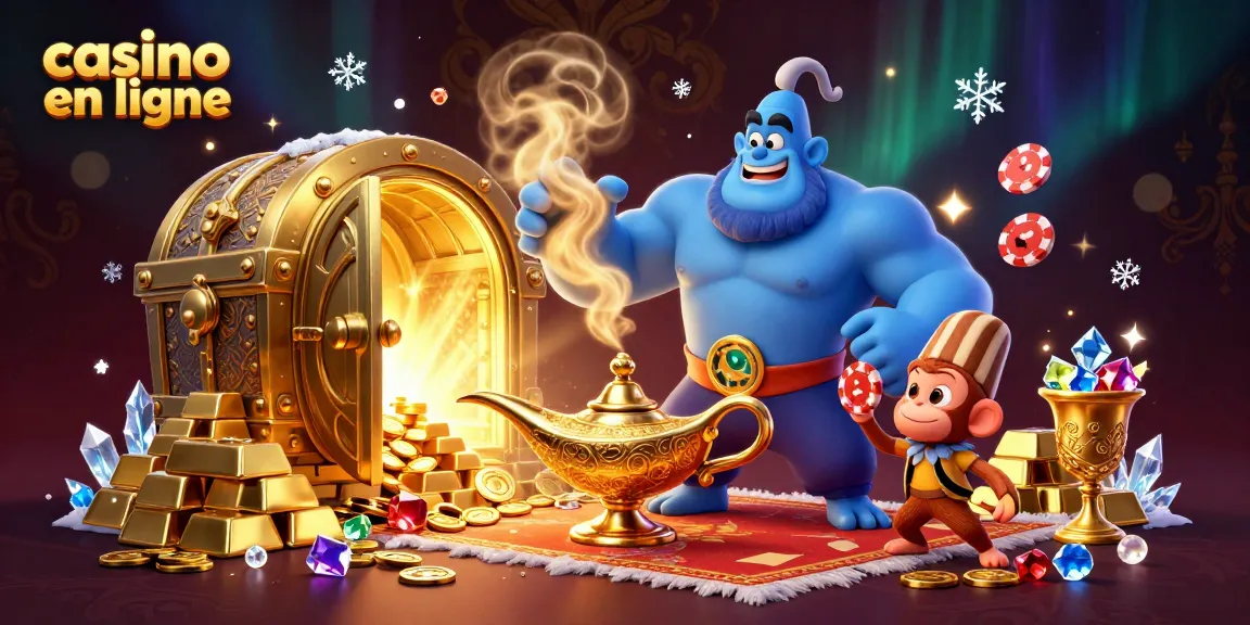 Jouez au casino en ligne avec une illustration 3D captivante d'un génie et d'un tapis magique.