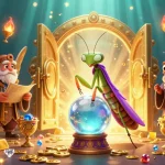 KJC offers thrilling gambling experiences with captivating visuals, showcasing a mystical scene of fortune-telling and treasure.