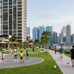 Tanjong Rhu Residences showcasing vibrant community life with families and children in outdoor spaces.