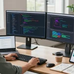 Dynamic rti scheduler software development workspace with dual monitors and creative elements.