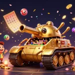 Jouez à un casino en ligne avec un tank doré en 3D révélant un casino miniature dynamique.