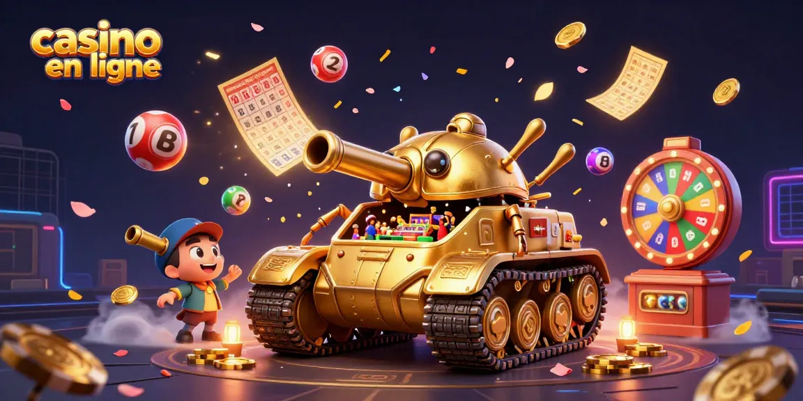 Jouez à un casino en ligne avec un tank doré en 3D révélant un casino miniature dynamique.