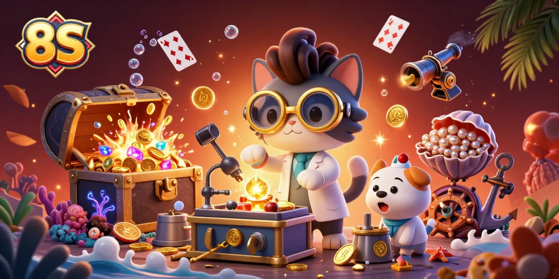 Experience the vibrant dynamics of 8S casino entertainment with characters amidst treasure and gaming elements.