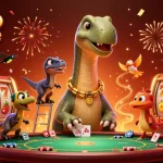 Casino en ligne vibrant avec un bretosaurus géant et un raptor distribuant des cartes sur une table de poker