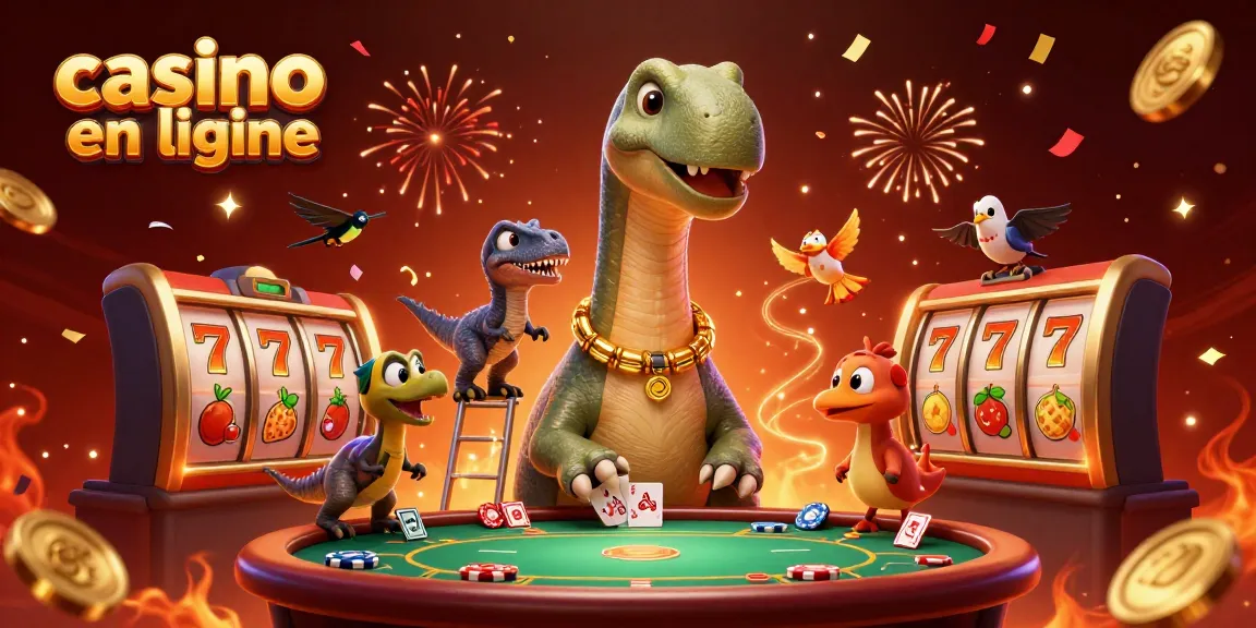 Casino en ligne vibrant avec un bretosaurus géant et un raptor distribuant des cartes sur une table de poker