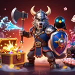 Visualisez le monde captivant du casino en ligne avec un guerrier loup viking et un dragon dans une scène dynamique.