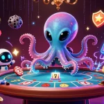 Illustration d'un poulpe extraterrestre dans un casino en ligne, jouant au poker avec un robot.