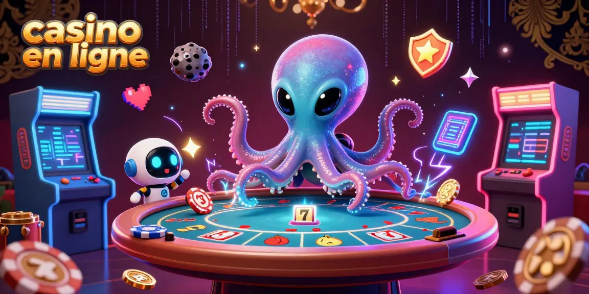 Illustration d'un poulpe extraterrestre dans un casino en ligne, jouant au poker avec un robot.