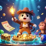 Engage with nohu-cupthegioi as the explorer cat uncovers a thrilling casino artifact amid vibrant lottery elements.