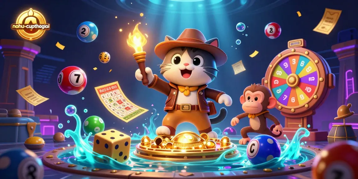 Engage with nohu-cupthegioi as the explorer cat uncovers a thrilling casino artifact amid vibrant lottery elements.