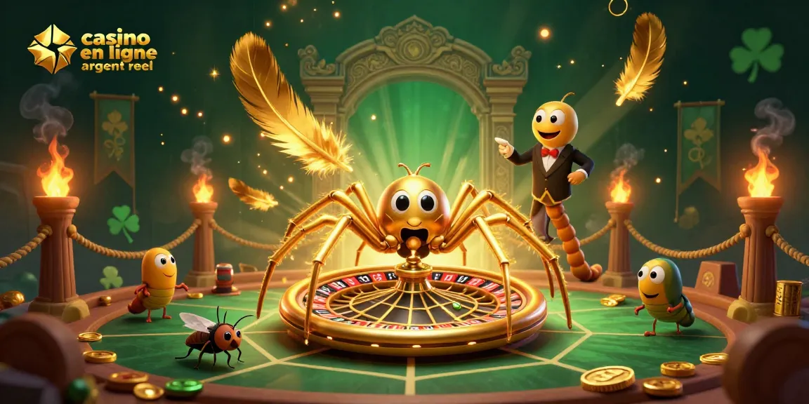Jouez sur un casino en ligne argent réel avec une araignée dorée et un croupier mille-pattes.