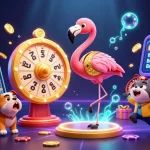 Illustration captivante de casino en ligne avec un flamant rose et un bulldog pour animer les jeux