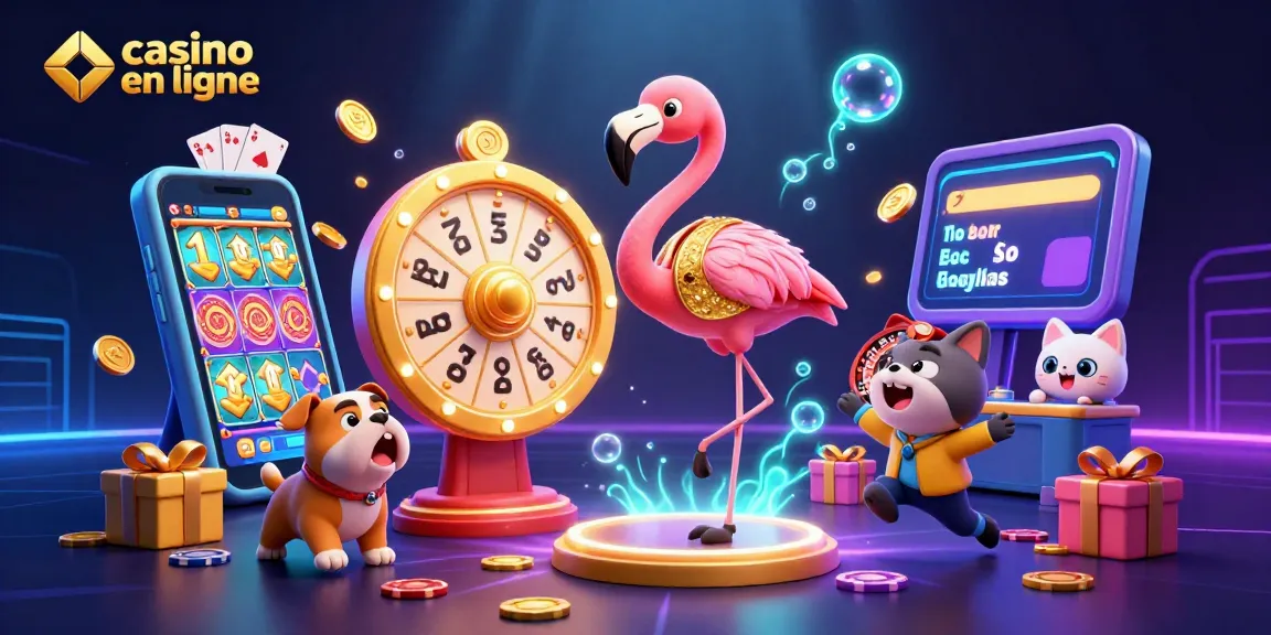 Illustration captivante de casino en ligne avec un flamant rose et un bulldog pour animer les jeux
