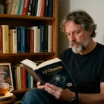 Author at https://tallengreenfield.com reading UFOnauts in a cozy nook, surrounded by spiritual texts.