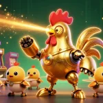 Experience the Luck8 excitement with a golden rooster robot and arcade game elements.
