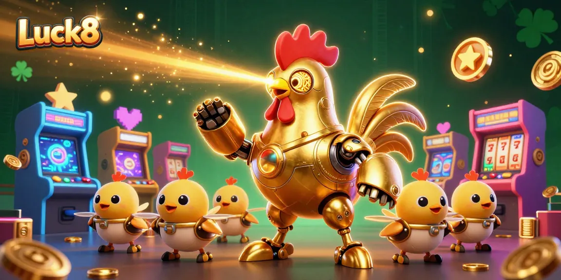 Experience the Luck8 excitement with a golden rooster robot and arcade game elements.