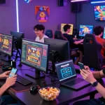 Playbook88 gaming group enjoying slot games in a vibrant, neon-lit lounge setting.
