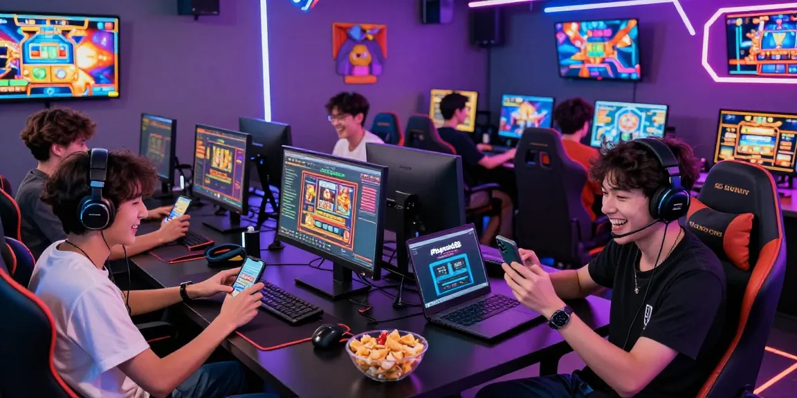 Playbook88 gaming group enjoying slot games in a vibrant, neon-lit lounge setting.