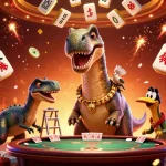 Menampilkan situs toto togel, ilustrasi 3D kasino dengan brontosaurus dan raptor dalam suasana bermain.