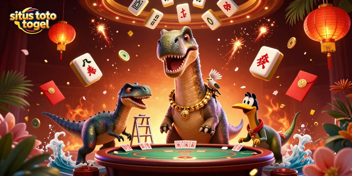Menampilkan situs toto togel, ilustrasi 3D kasino dengan brontosaurus dan raptor dalam suasana bermain.