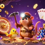 Illustration animée dynamique montrant un mole et une canarie dans un casino en ligne, entourés de pièces dorées et de jetons.